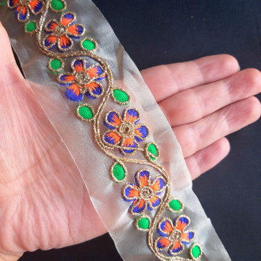 Gold Sheer Tissue Fabric Trim With Embroidered Pink / Blue, Orange, Green & Gold Flowers